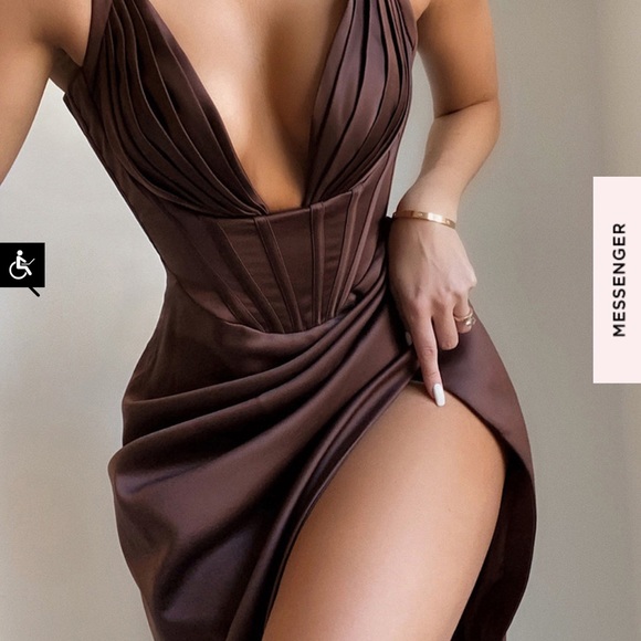 house of cb brown dress corset House of CB Talya Toffee Satin Corset Midi Dress with Ruched Skirt (Medium) main image 0